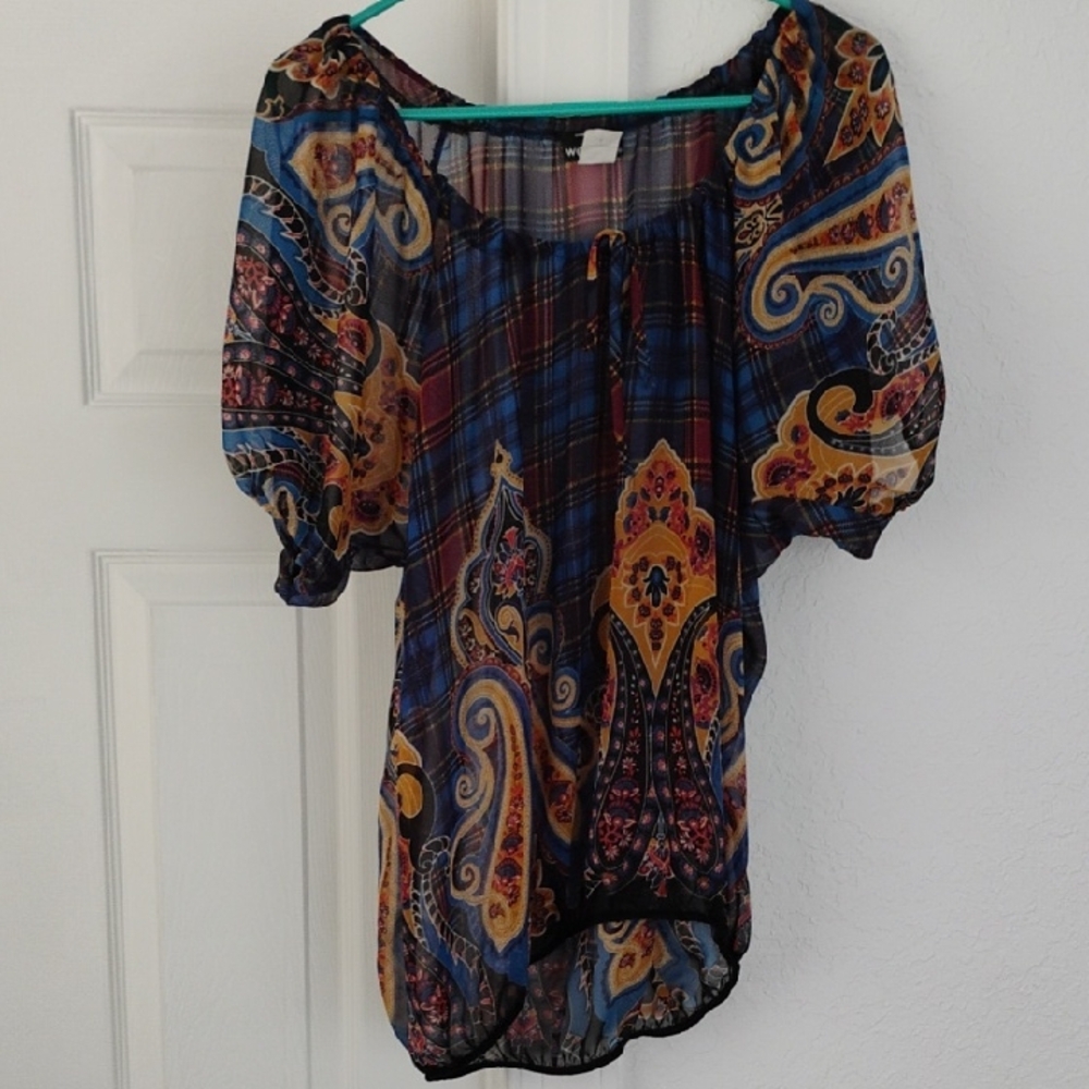 Wet Seal Blue and Orange Puff Sleeve Blouse